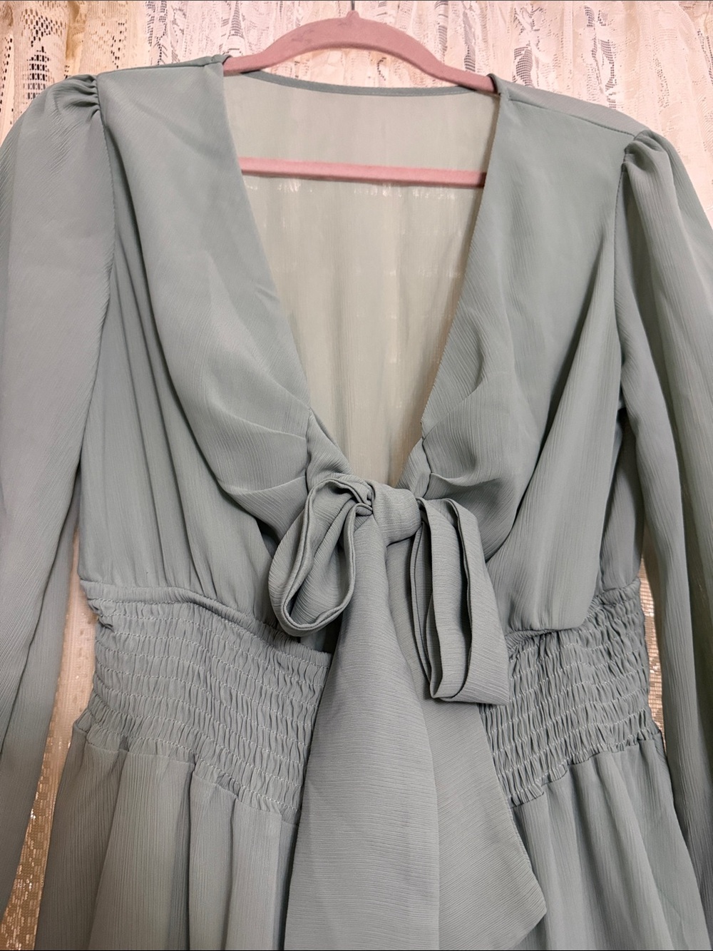 Tie-Front Sage Green Women's Dress - Picture 2 of 4